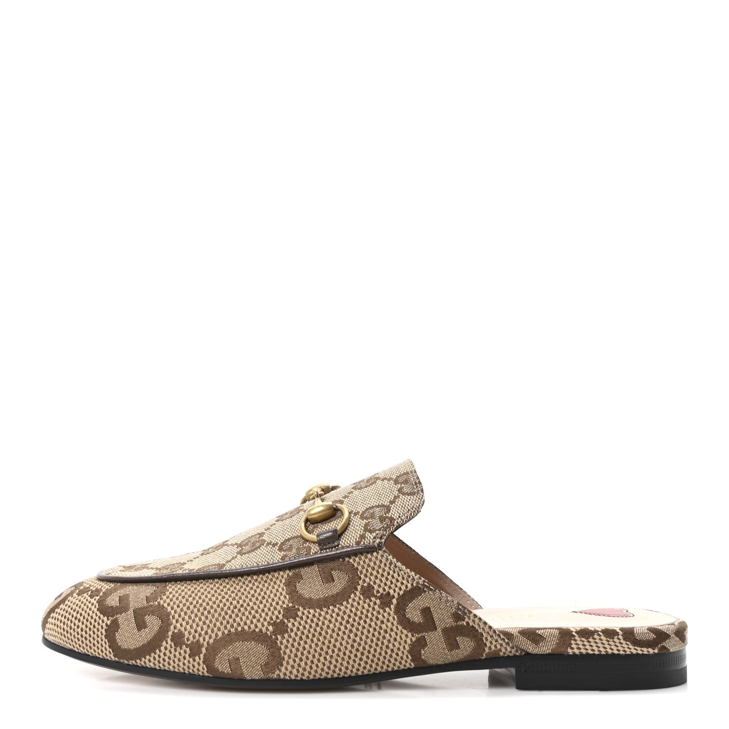 Gucci Monogram Jumbo GG Malaga Kid Womens Princetown Slippers 35.5 Camel Ebony New Acero Beige