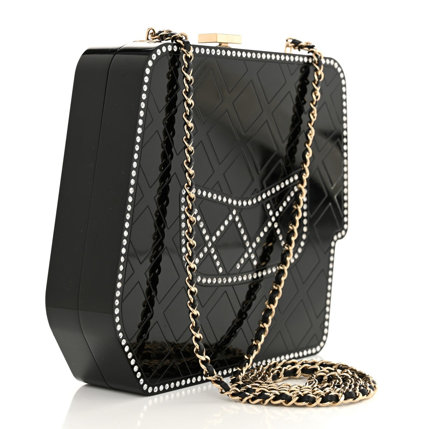 Chanel Plexiglass Crystal Quilted Minaudiere Clutch Black White