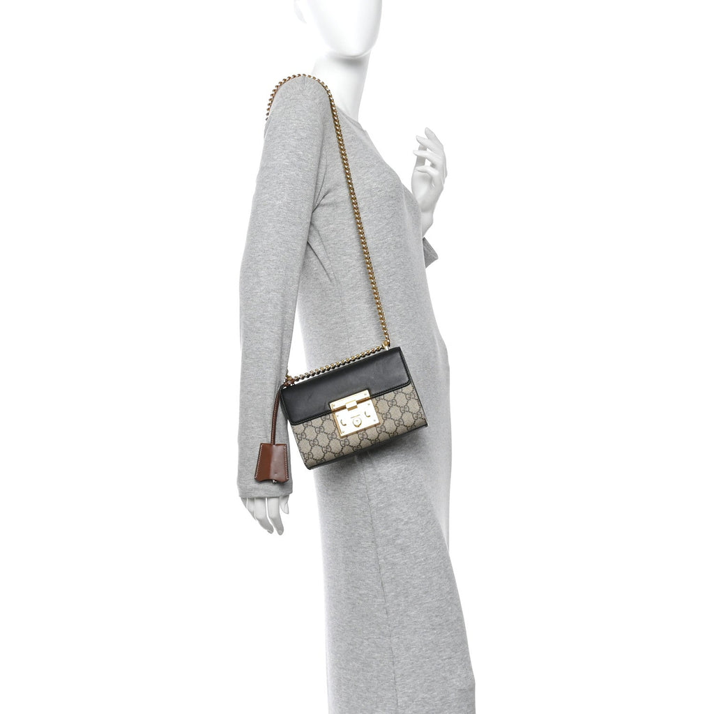 Gucci GG Supreme Monogram Calfskin Small Padlock Shoulder Bag Beige Black Cuir