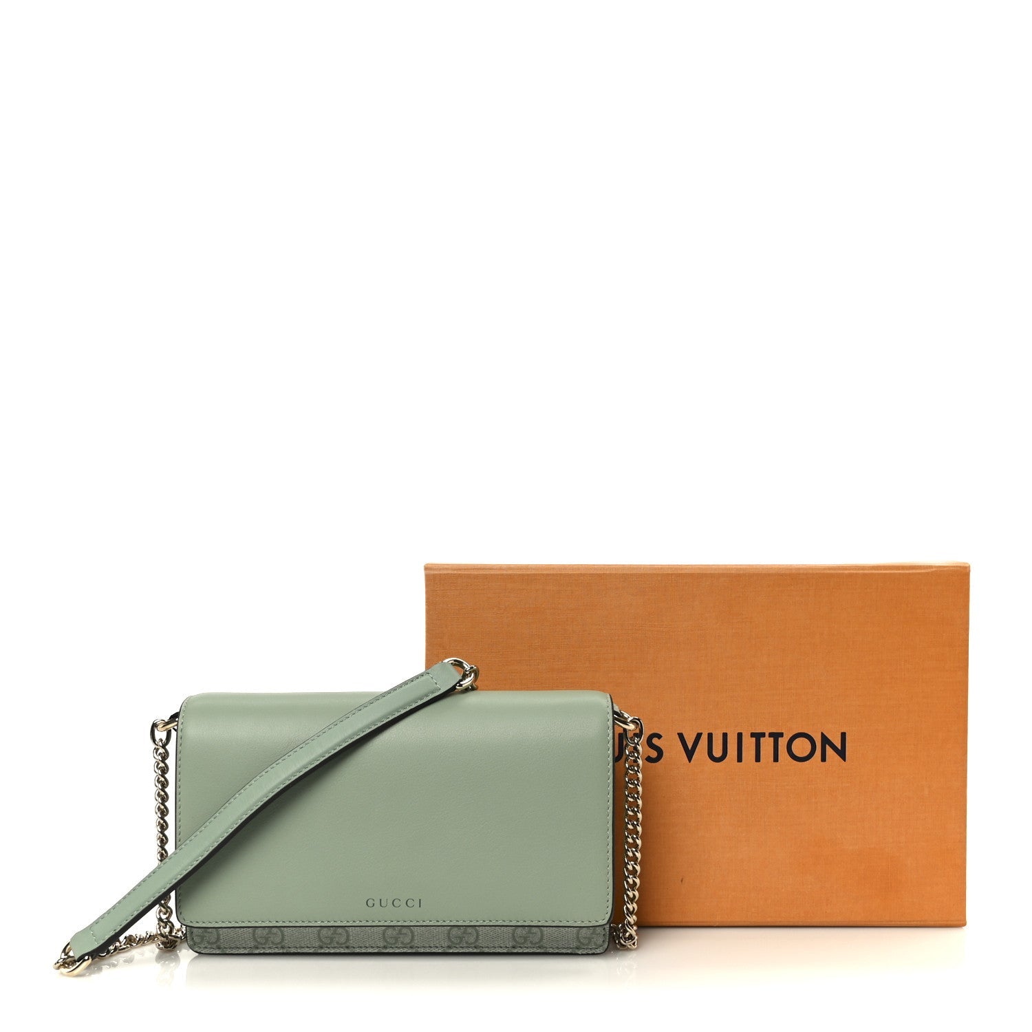 Gucci GG Supreme Monogram Textured Calfskin Emblem Wallet On Chain Sage Green