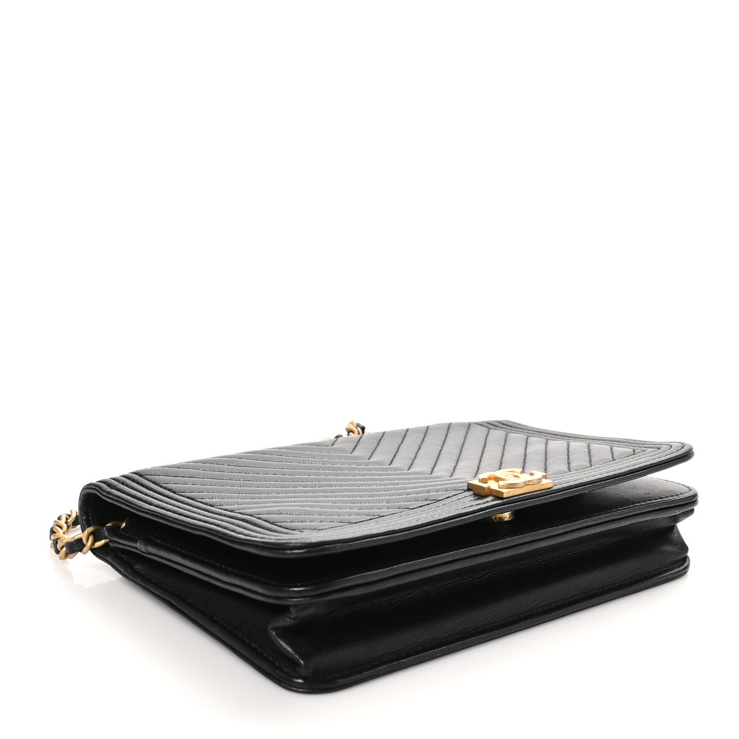 Chanel Lambskin Chevron Boy Wallet On Chain WOC Black