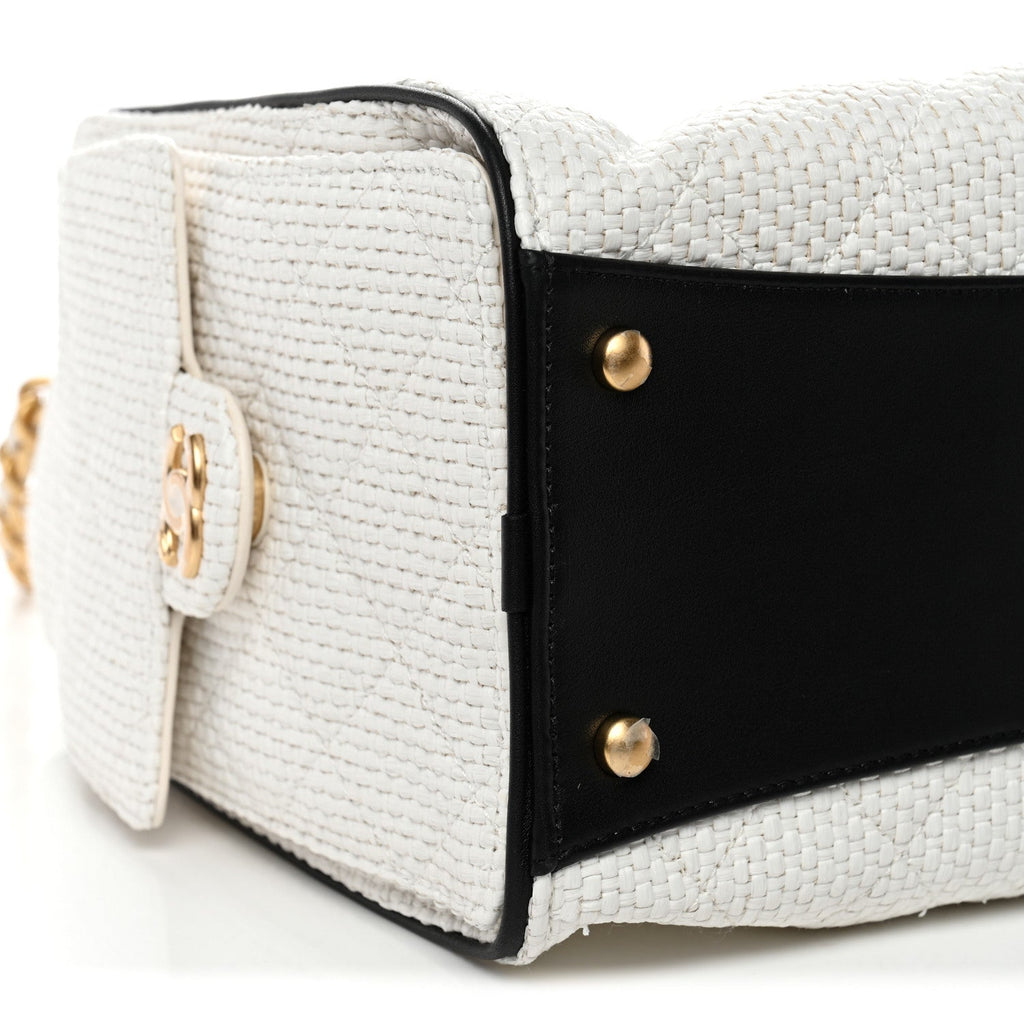 Chanel Braided Raffia Calfskin Quilted Small Chanel 25 Handbag White Black