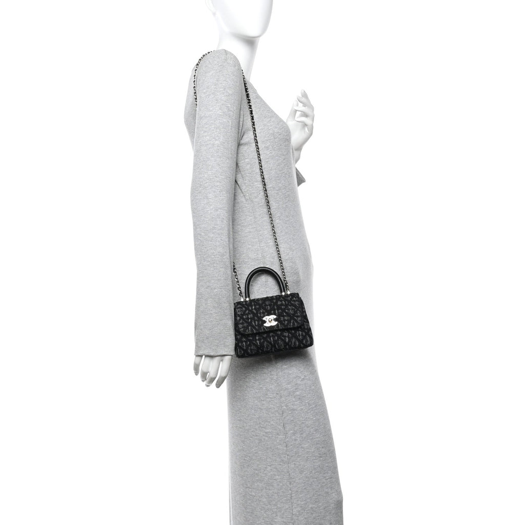 Chanel Washed Denim Quilted Coco Handle Clutch With Chain Black