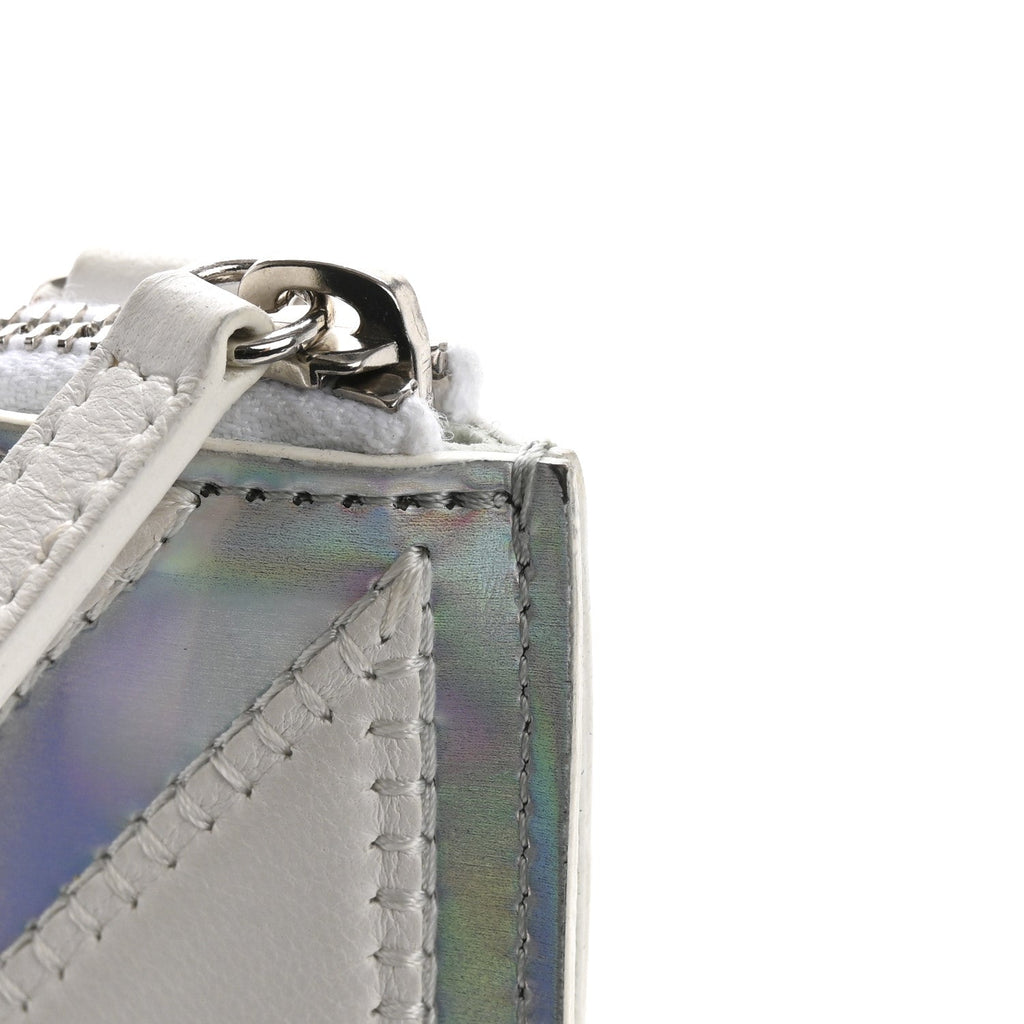 Lambskin Metallic Chevron Zip Pouch White Silver