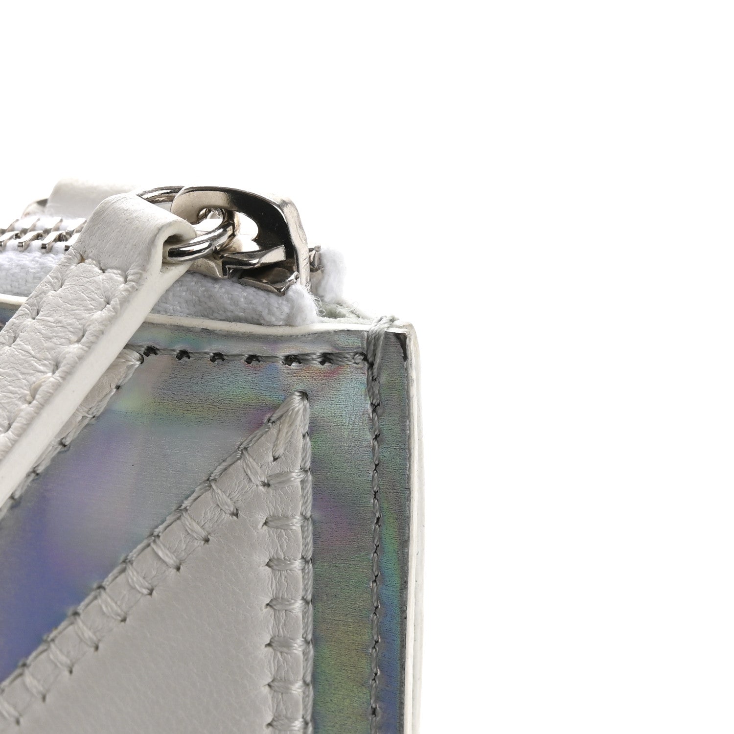 Lambskin Metallic Chevron Zip Pouch White Silver