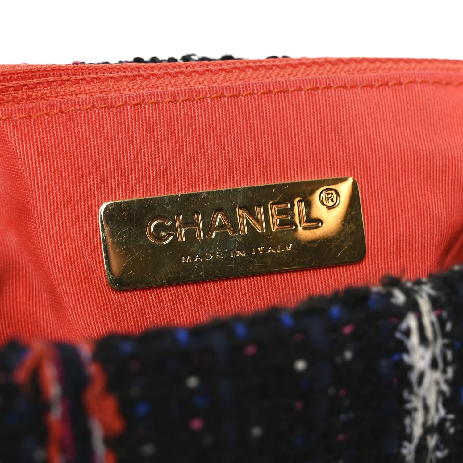 Chanel Tweed Quilted Large Chanel 19 Flap Black Orange Blue