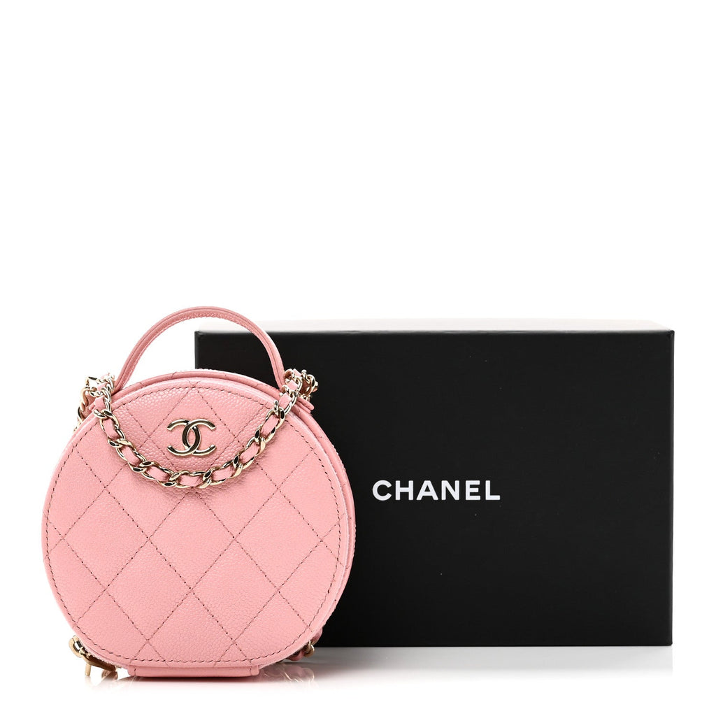 Chanel Caviar Quilted Round Handle With Care Vanity With Chain Pink