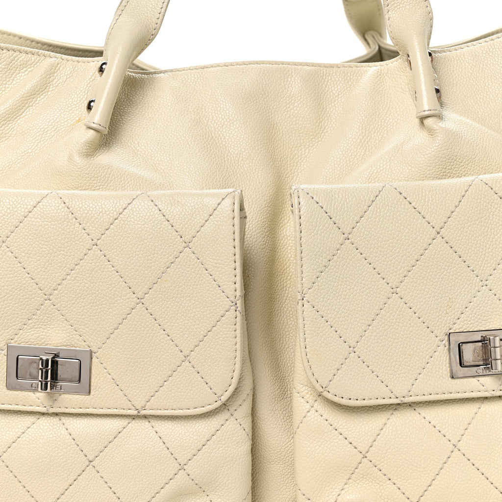 Chanel Glazed Caviar Reissue Double Pocket In the City Tote White