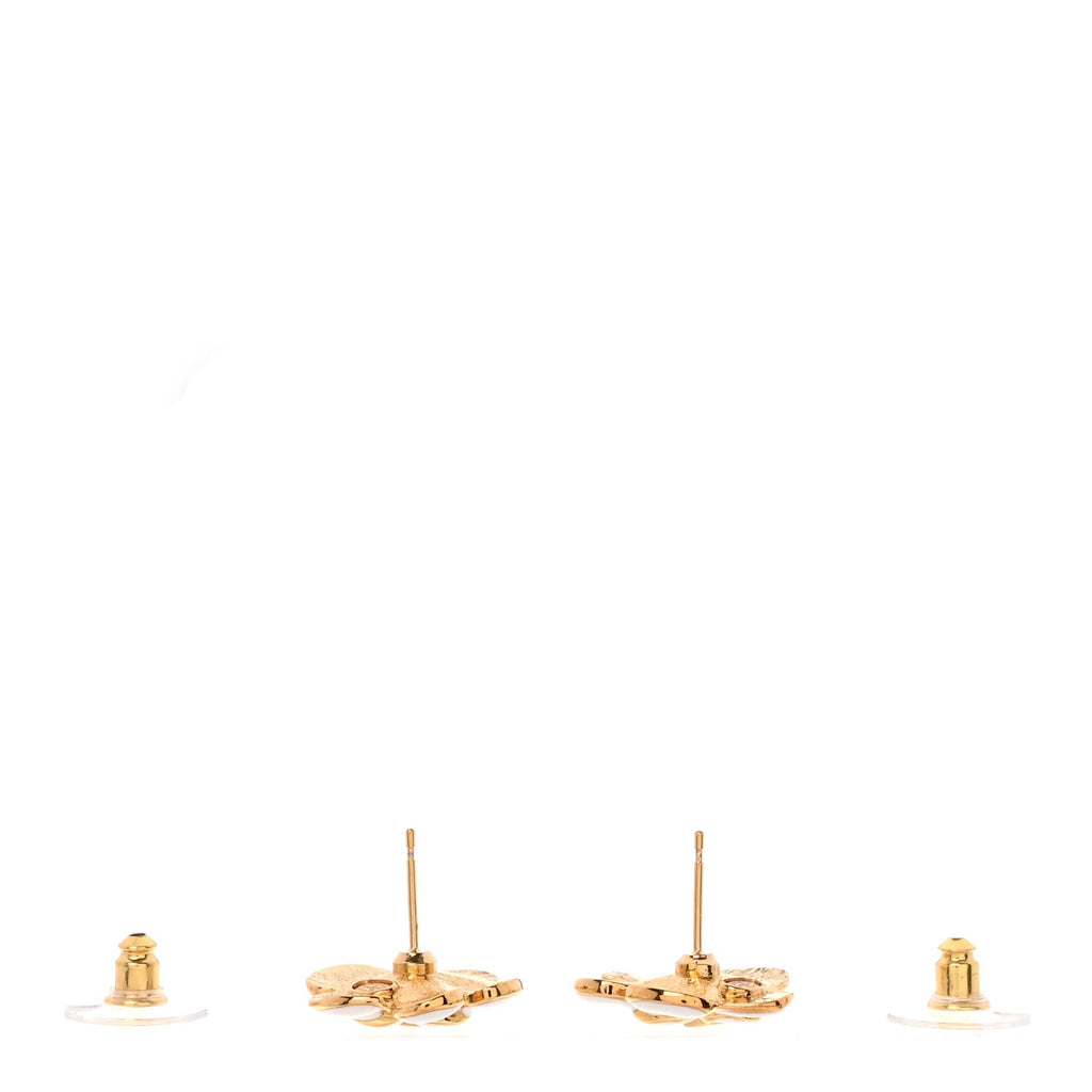 Metal Resin CC Camellia Stud Earrings Gold White