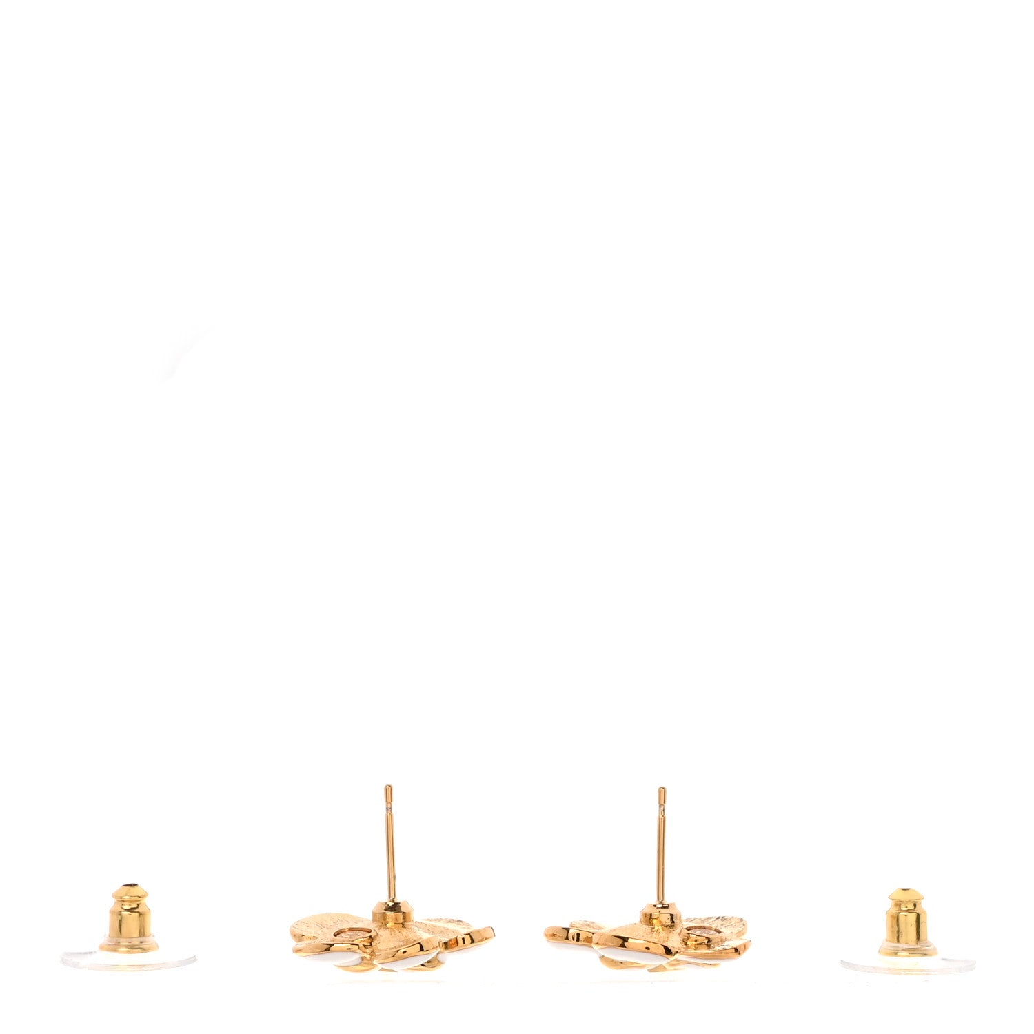 Metal Resin CC Camellia Stud Earrings Gold White