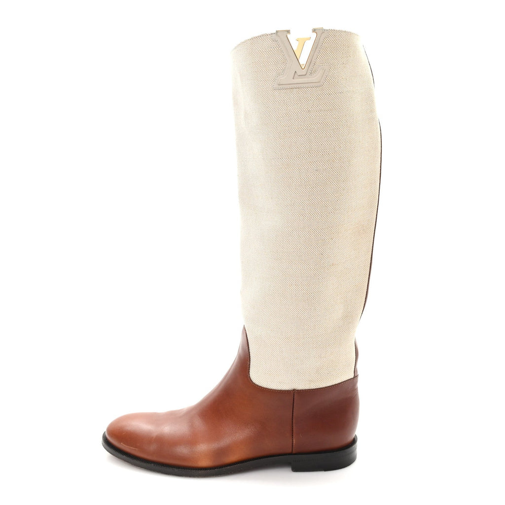 Louis Vuitton Canvas Calfskin Heritage Flat High Boots 38 Beige Brown