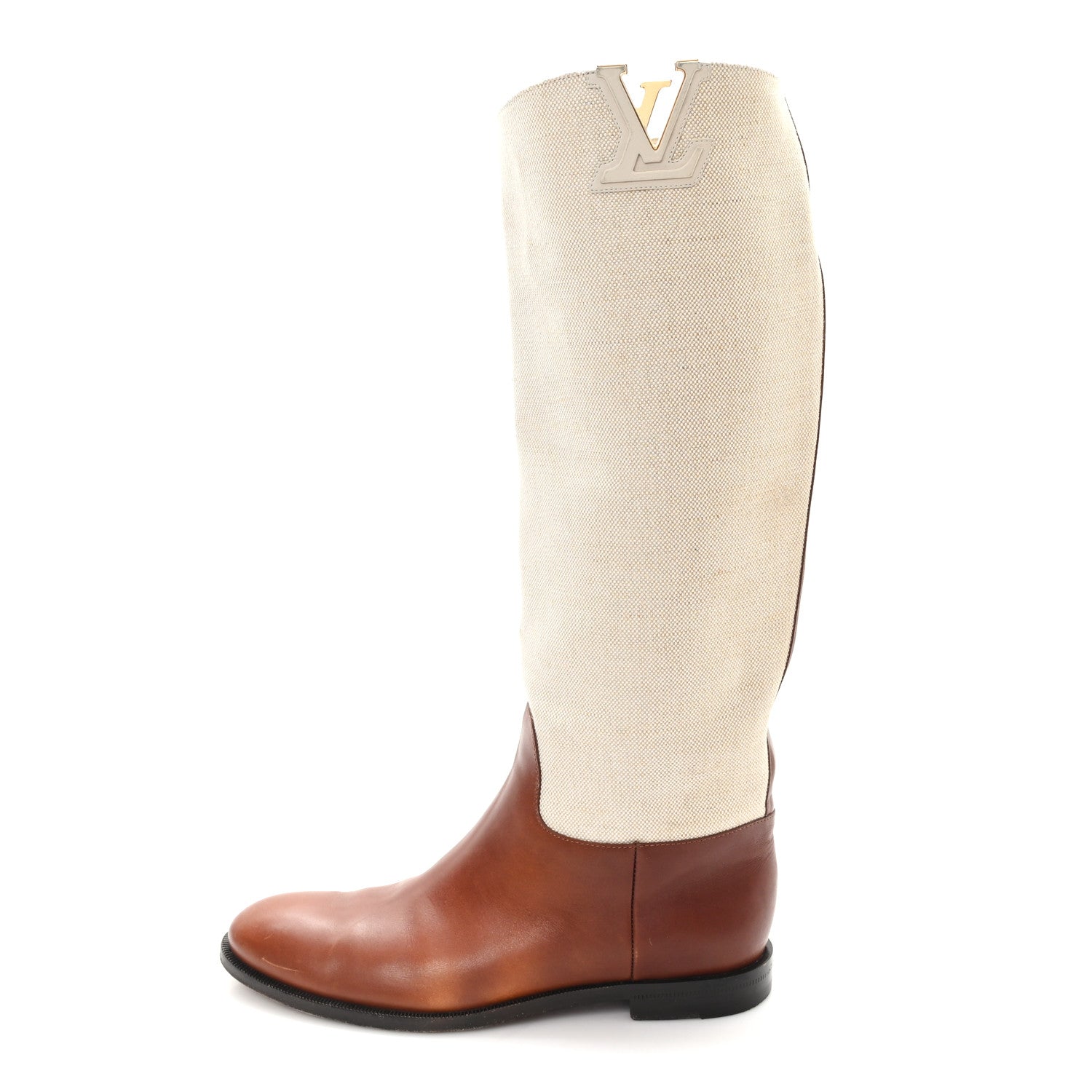 Louis Vuitton Canvas Calfskin Heritage Flat High Boots 38 Beige Brown