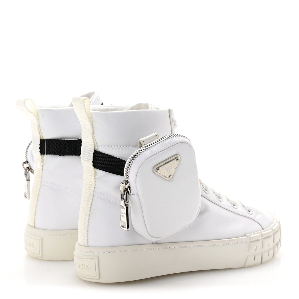Prada Re-Nylon Gabardine Metal Triangle Logo Wheel Pouch Pocket High Top Sneakers 36 White