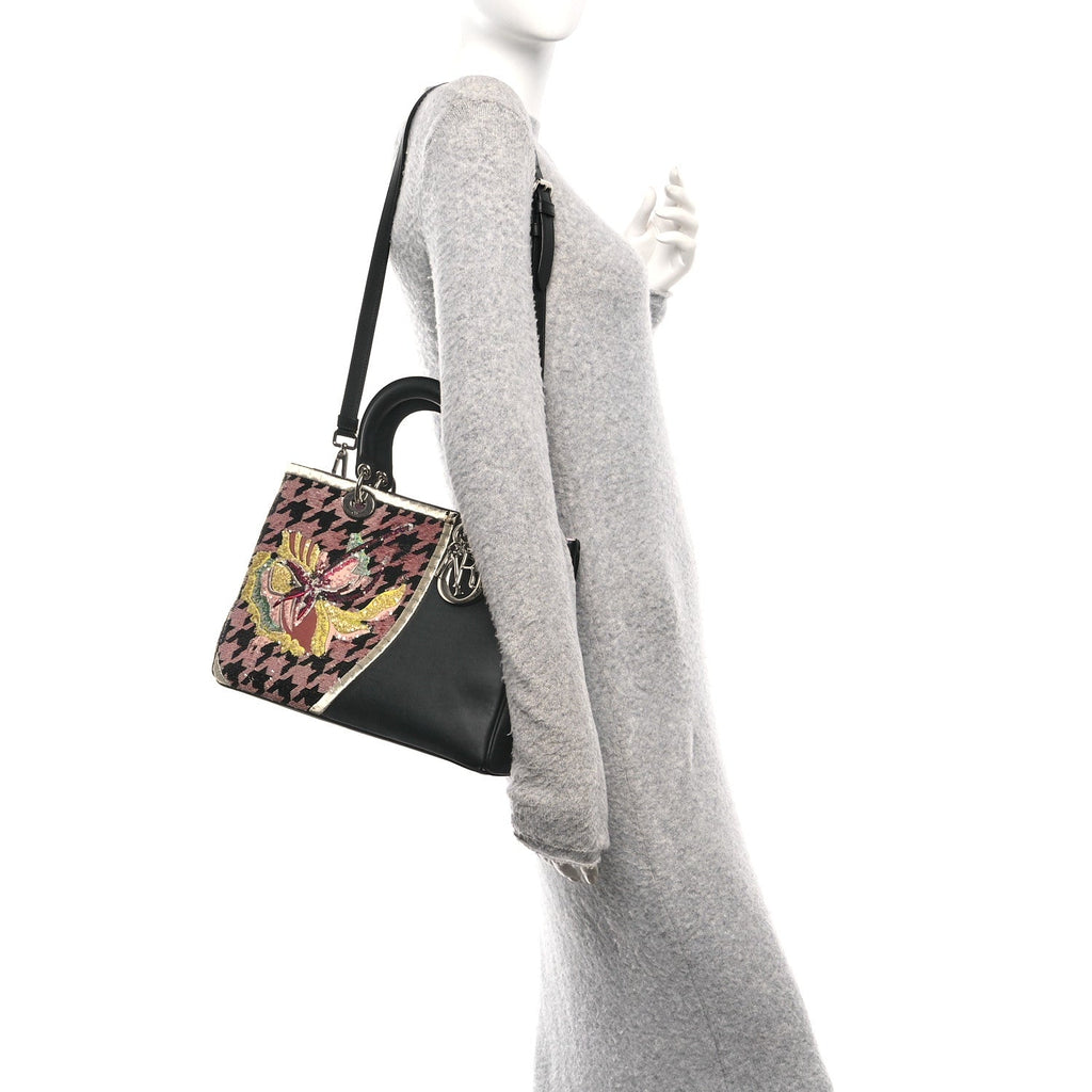 Christian Dior Smooth Calfskin Sequin Houndstooth Embroidered Medium Diorissimo Black