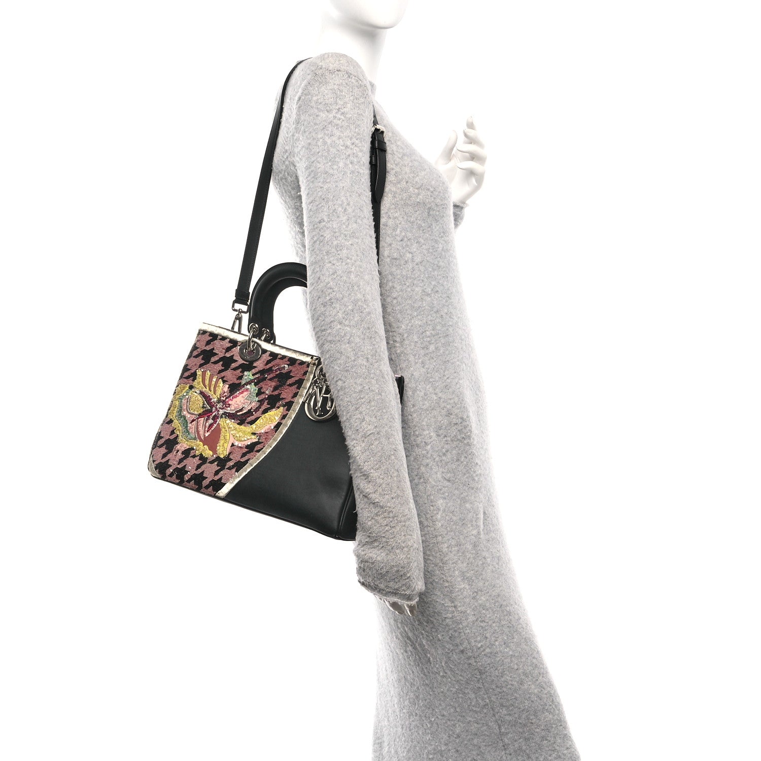 Christian Dior Smooth Calfskin Sequin Houndstooth Embroidered Medium Diorissimo Black