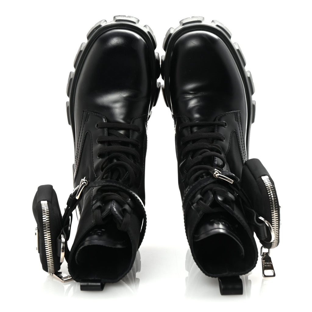 Prada Spazzolato Rois Nylon Metal Triangle Logo Monolith Pouch Pocket 55mm Boots 38 Black