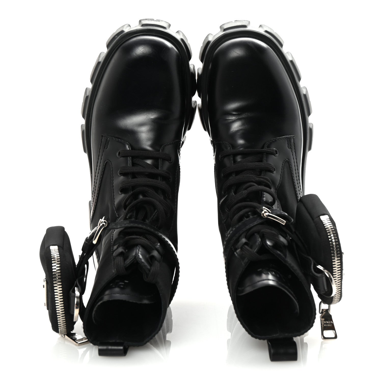 Prada Spazzolato Rois Nylon Metal Triangle Logo Monolith Pouch Pocket 55mm Boots 38 Black