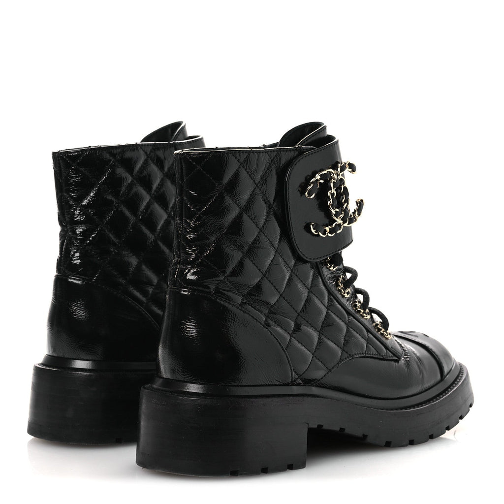 Chanel Shiny Calfskin Quilted Lace Up Combat Boots 37 Black