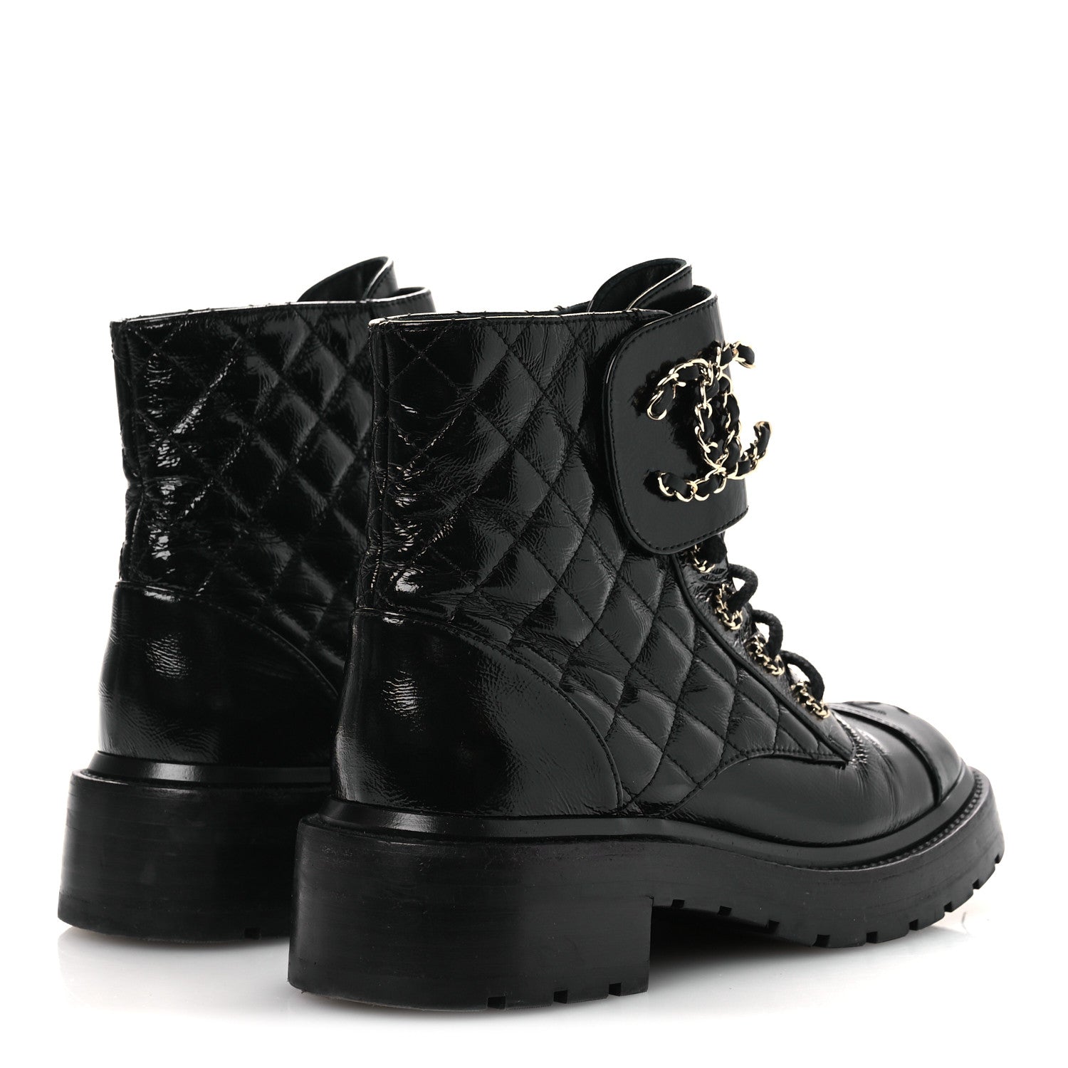 Chanel Shiny Calfskin Quilted Lace Up Combat Boots 37 Black