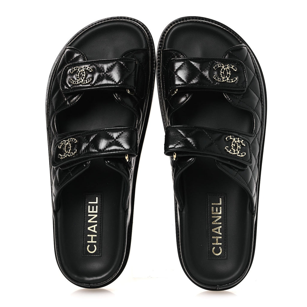 Lambskin Quilted Velcro Dad Chain CC Slide Sandals 38.5 Black
