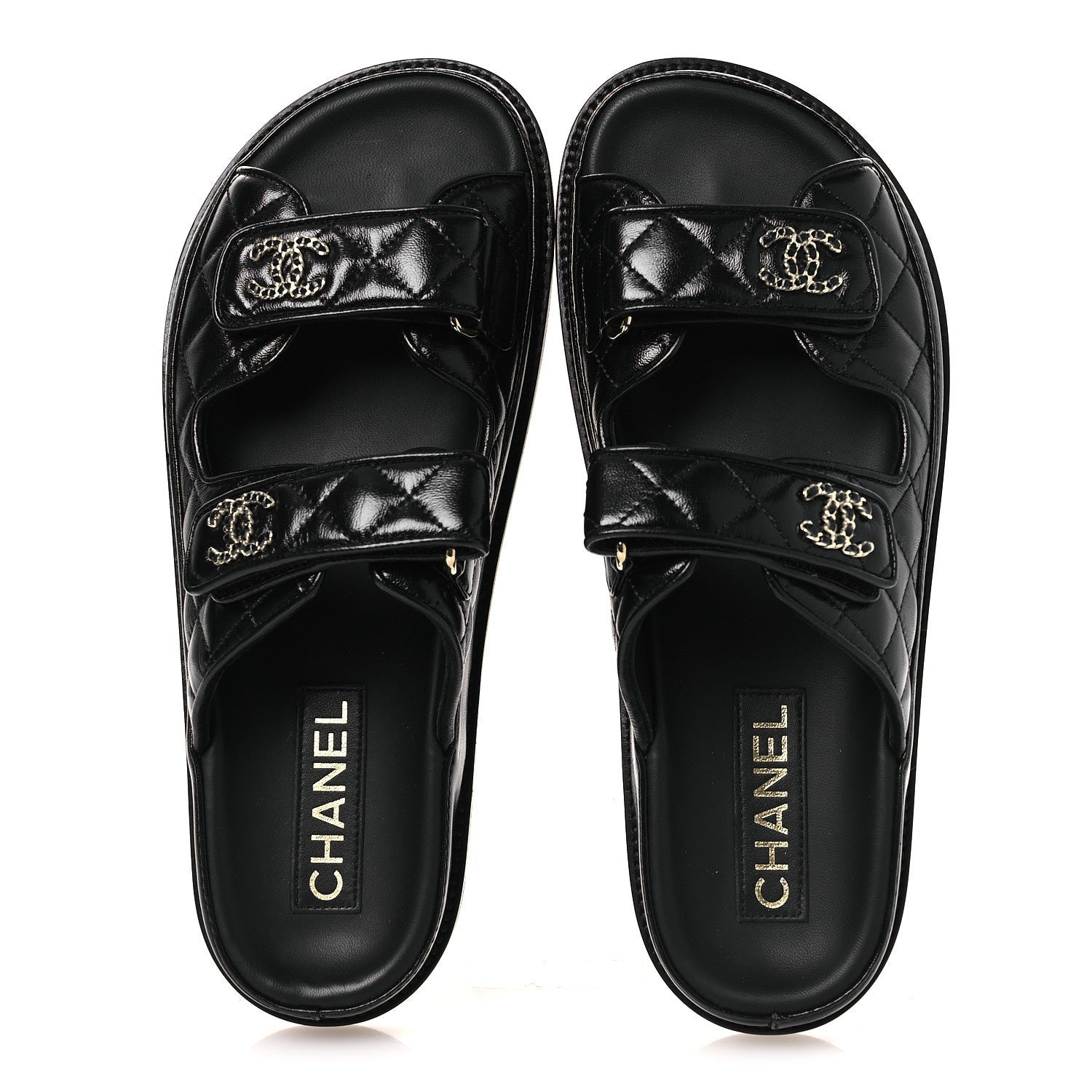 Lambskin Quilted Velcro Dad Chain CC Slide Sandals 38.5 Black