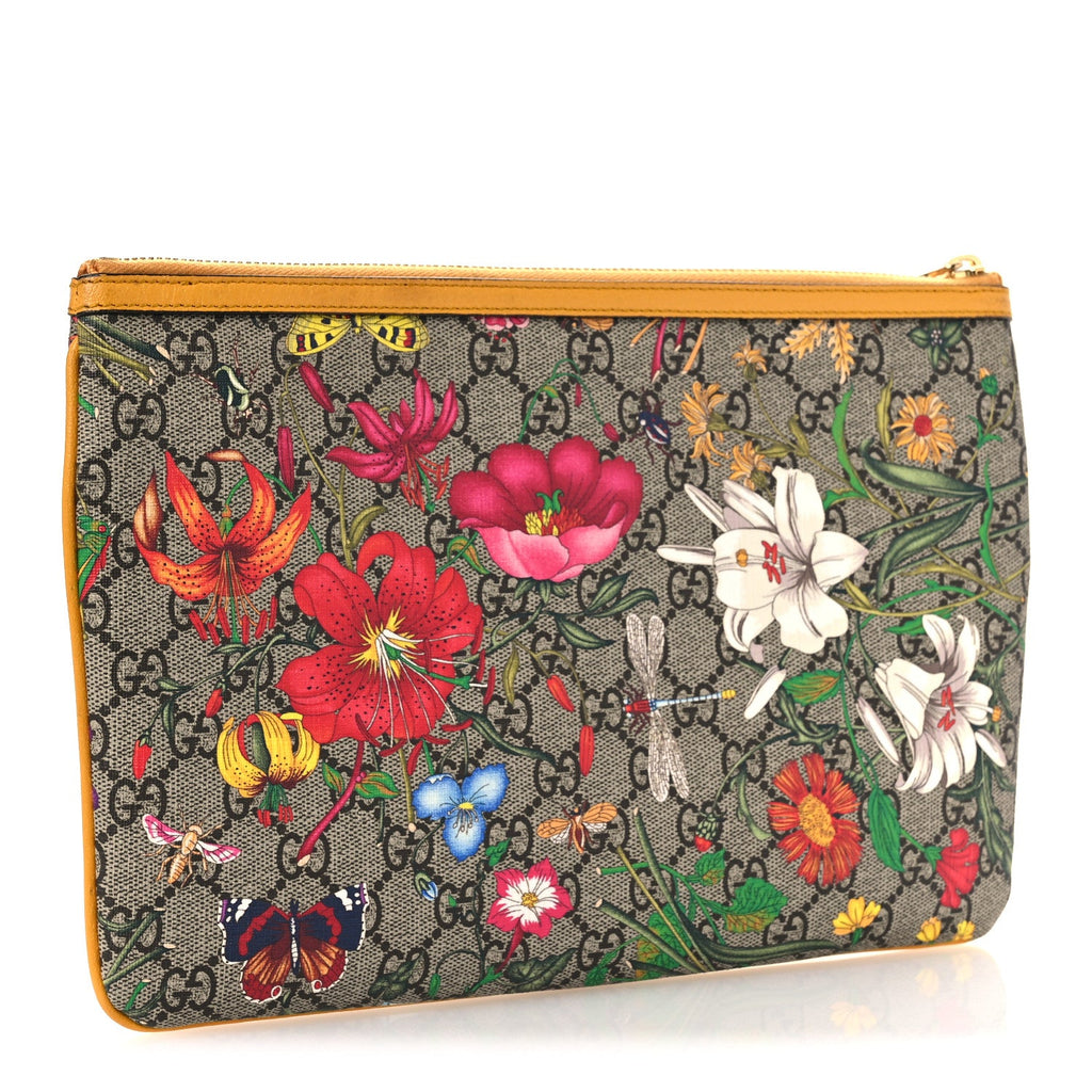 Gucci GG Supreme Monogram Flora Large Ophidia Pouch Clutch Beige Multicolor Crop