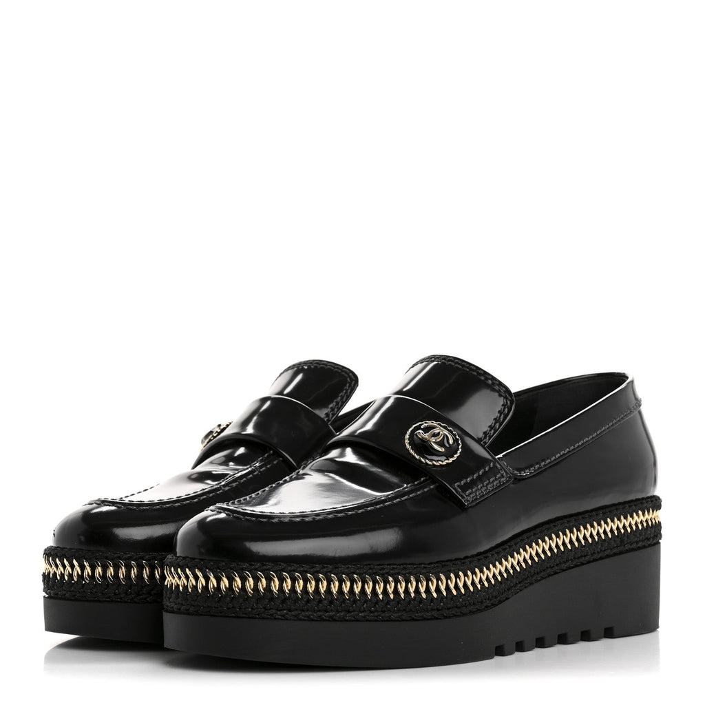 Chanel Shiny Calfskin Platform Loafers 37 Black