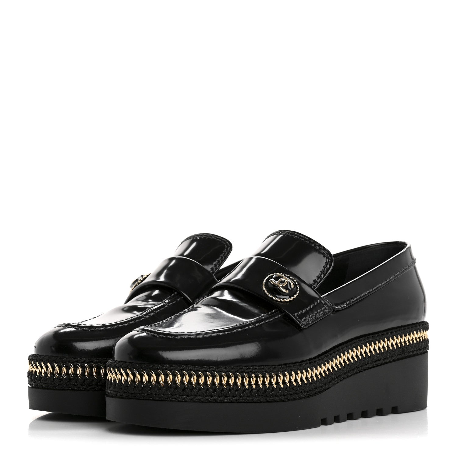 Chanel Shiny Calfskin Platform Loafers 37 Black