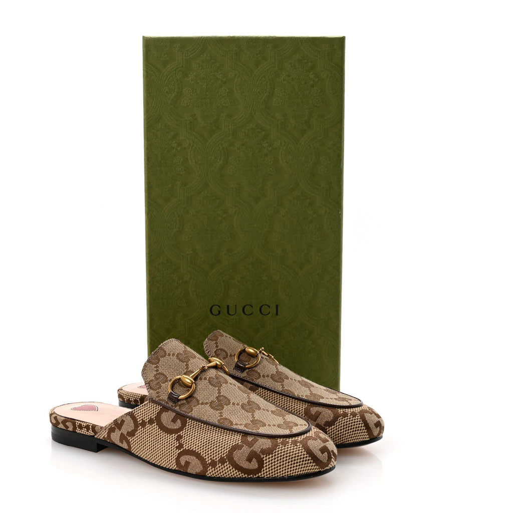 Gucci Monogram Jumbo GG Malaga Kid Womens Princetown Slippers 35.5 Camel Ebony New Acero Beige