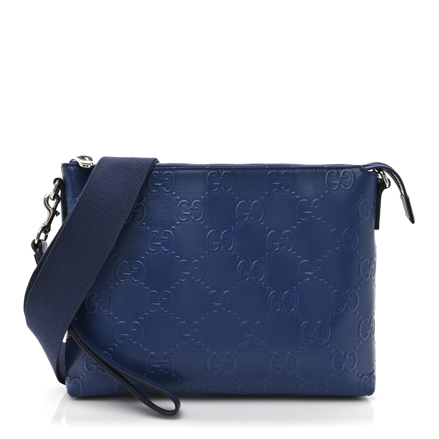 Gucci Calfskin GG Tennis Embossed Medium Wristlet Messenger Bag Intense Metal Blue