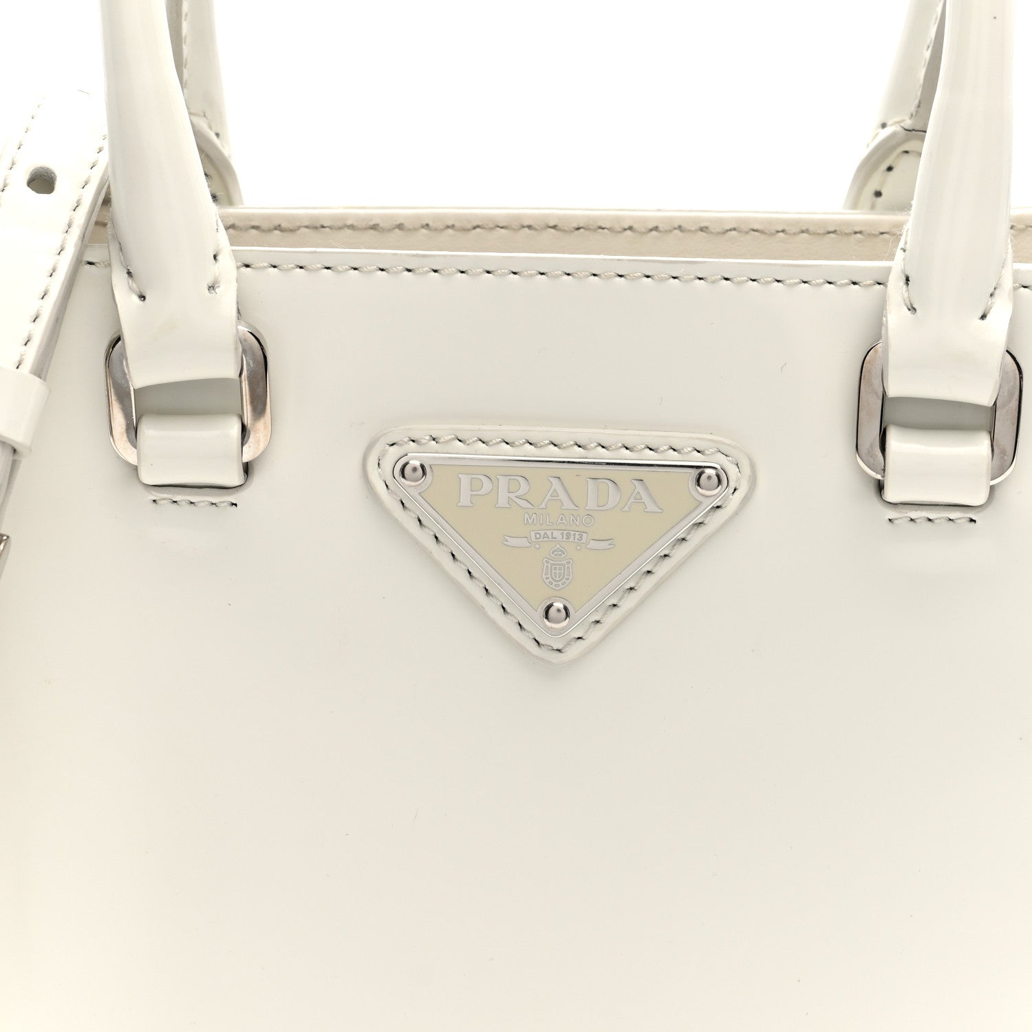Prada Spazzolato Triangle Small Double Handle Crossbody Tote White