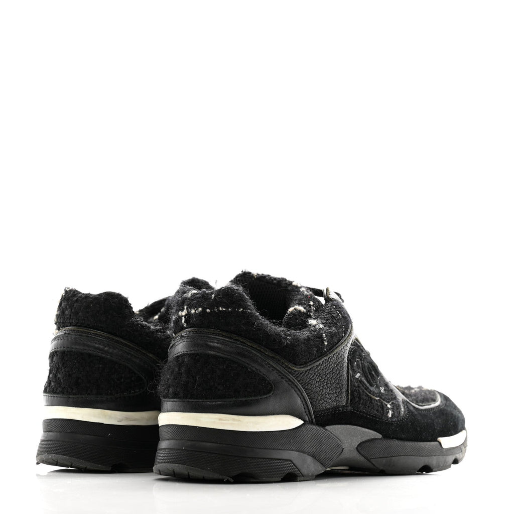 Chanel Tweed Suede Goatskin CC Sneakers 38 Black White