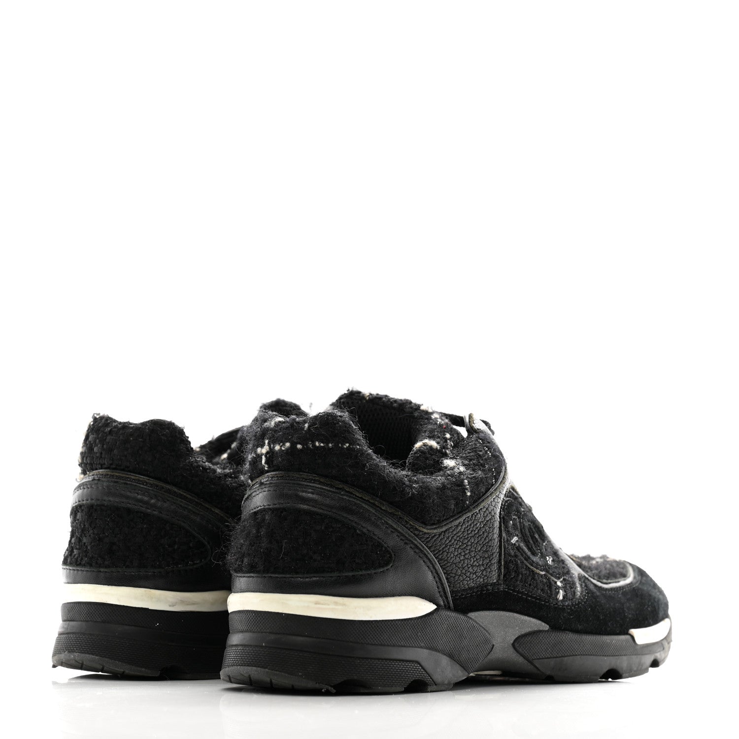 Chanel Tweed Suede Goatskin CC Sneakers 38 Black White