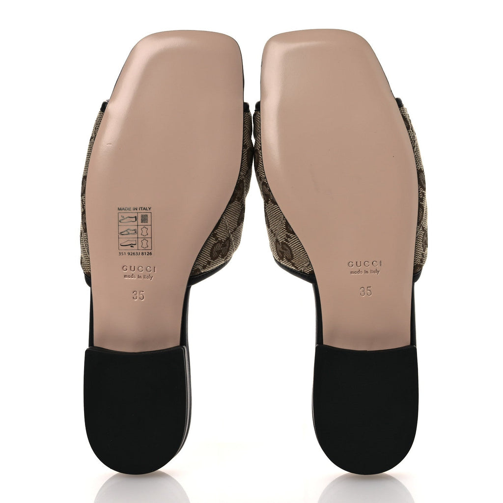 Gucci Monogram Matelasse Diagonal GG Marmont Flat Slide Sandals 35 Beige Ebony Black