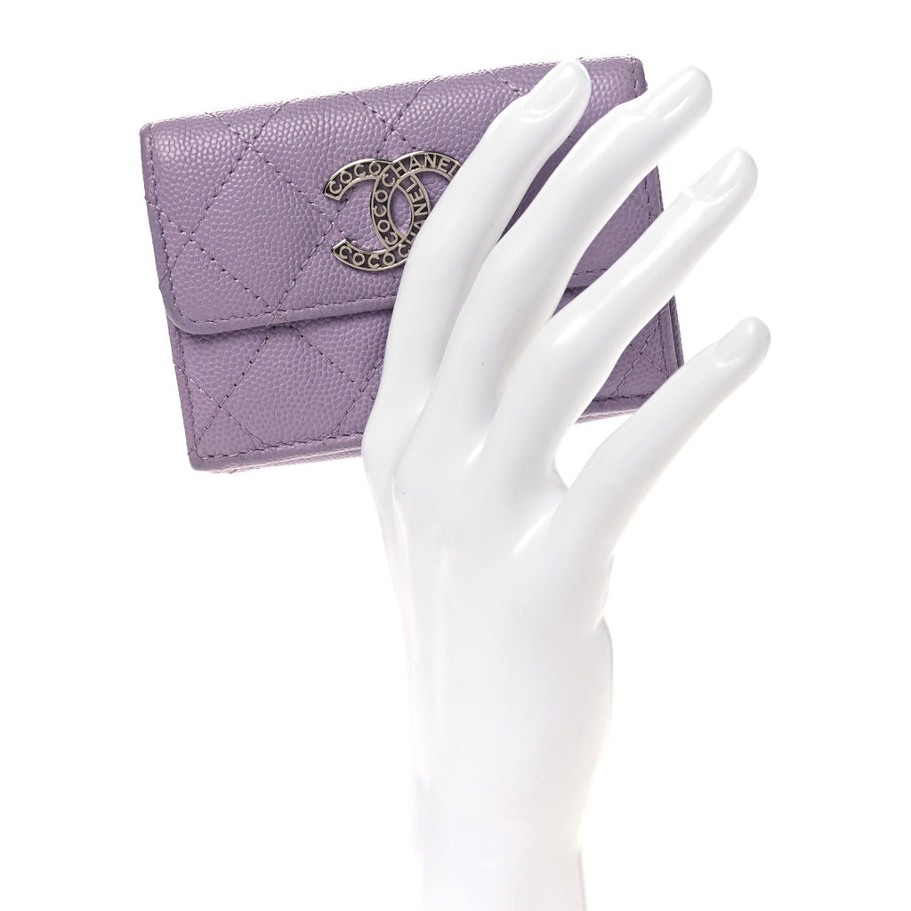 Caviar Quilted CC Logo Double Flap Wallet Light Purple