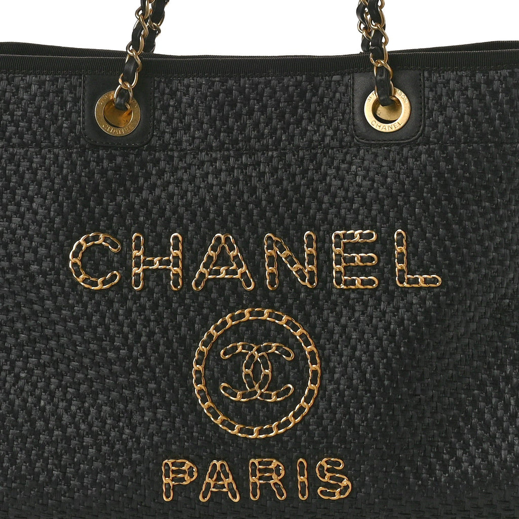 Chanel Straw Raffia Calfskin Chain Small Deauville Tote Black