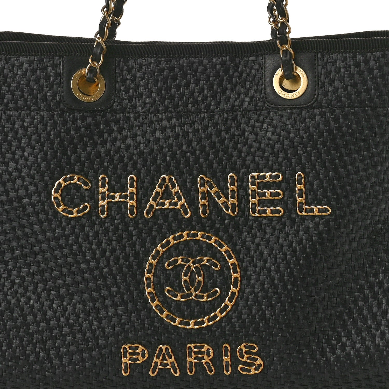 Chanel Straw Raffia Calfskin Chain Small Deauville Tote Black