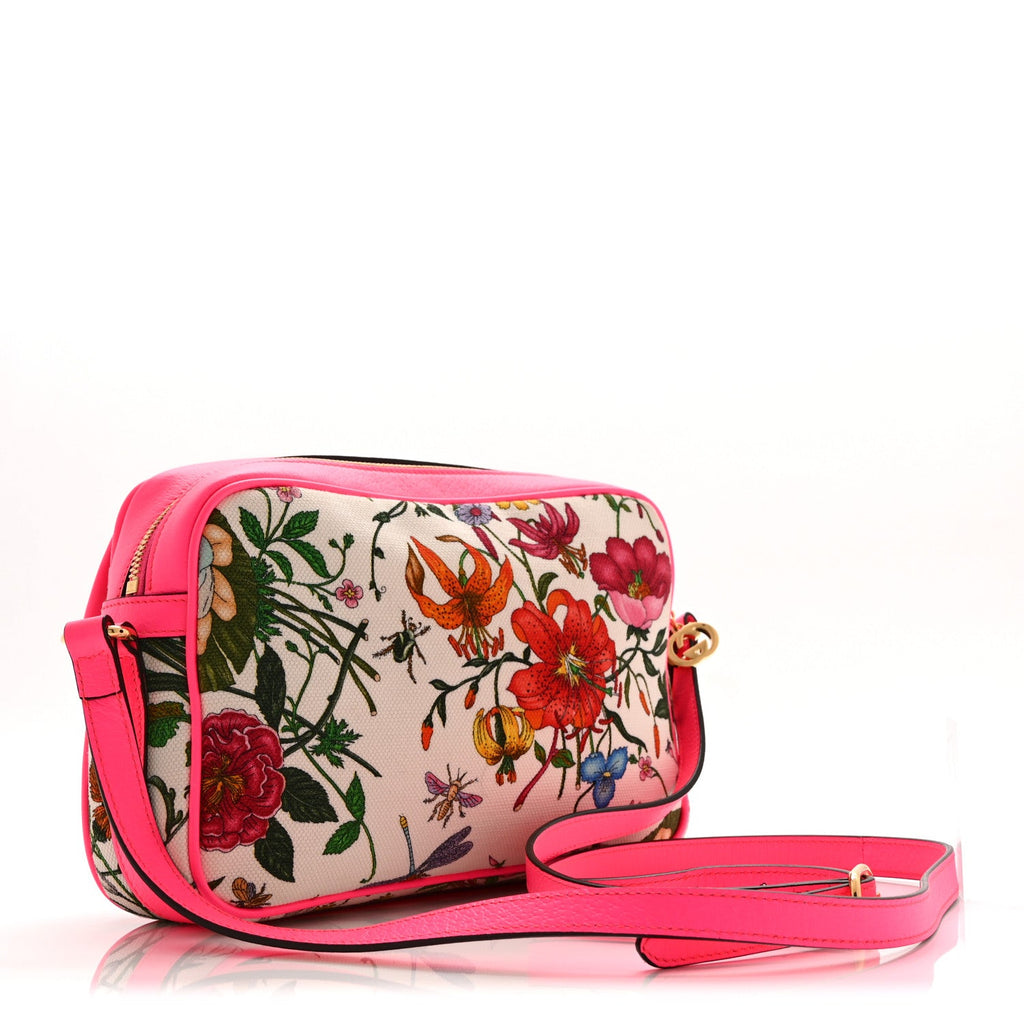 Gucci Canvas Flora Floral Shoulder Bag White Fuchsia Fluo