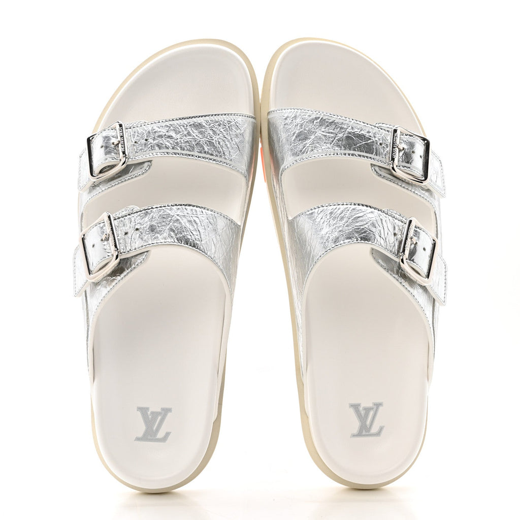 Louis Vuitton Metallic Mix Materials Mens LV Script Trainer Mules 11 Silver Multicolor