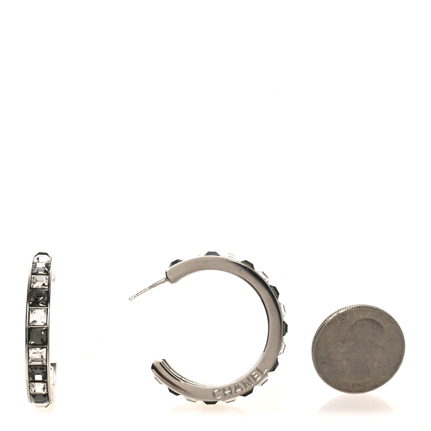 Baguette Crystal CC Hoop Earrings Silver