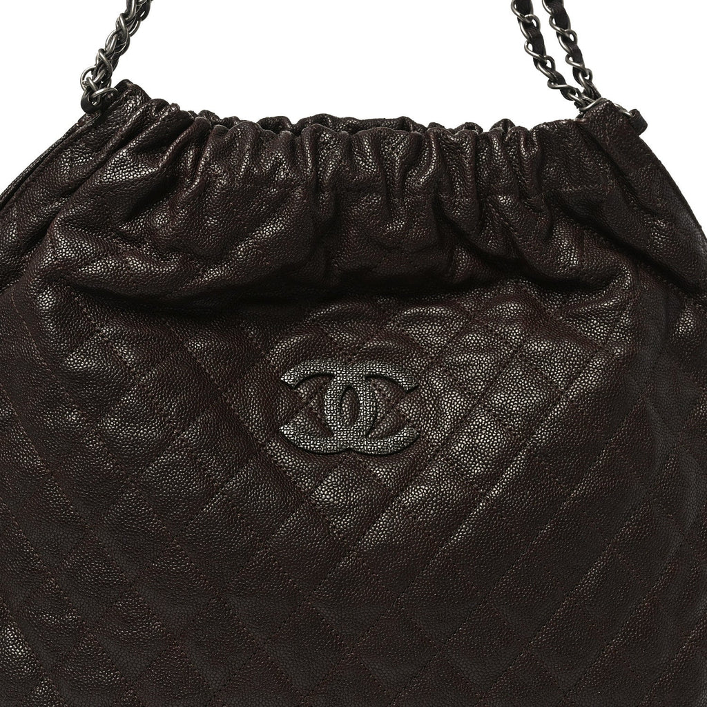 Chanel Distressed Glazed Caviar Quilted Large Elastic Tote Dark Brown