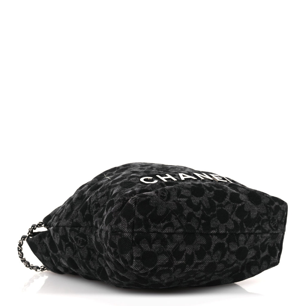 Chanel Denim Quilted Floral Print Mini Chanel 22 Black Grey