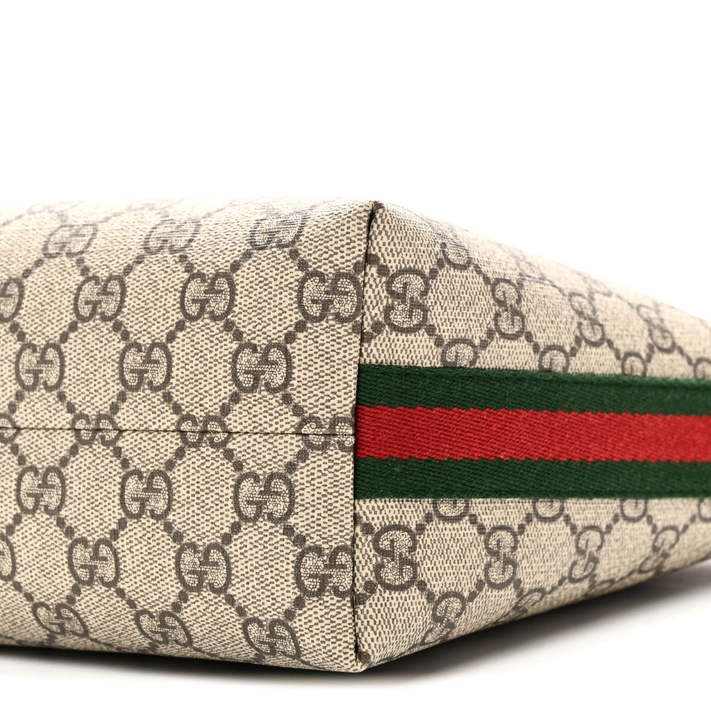 Gucci GG Supreme Monogram Textured Calfskin Web Super Mini Ophidia Shoulder Bag Beige Ebony New Acero