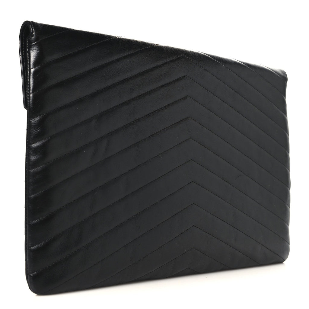 Calfskin Chevron Quilted Medal Flap Clutch Black
