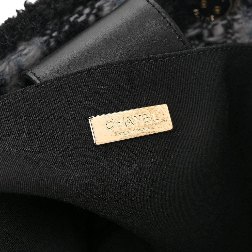 Chanel Tweed Shearling Quilted Lambskin Shopping Tote  Black Grey