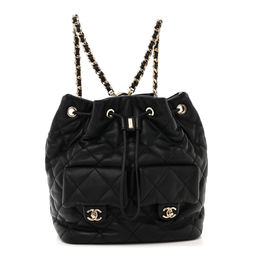 Chanel Lambskin Quilted Double Pocket Drawstring Backpack Black