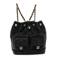 Chanel Lambskin Quilted Double Pocket Drawstring Backpack Black