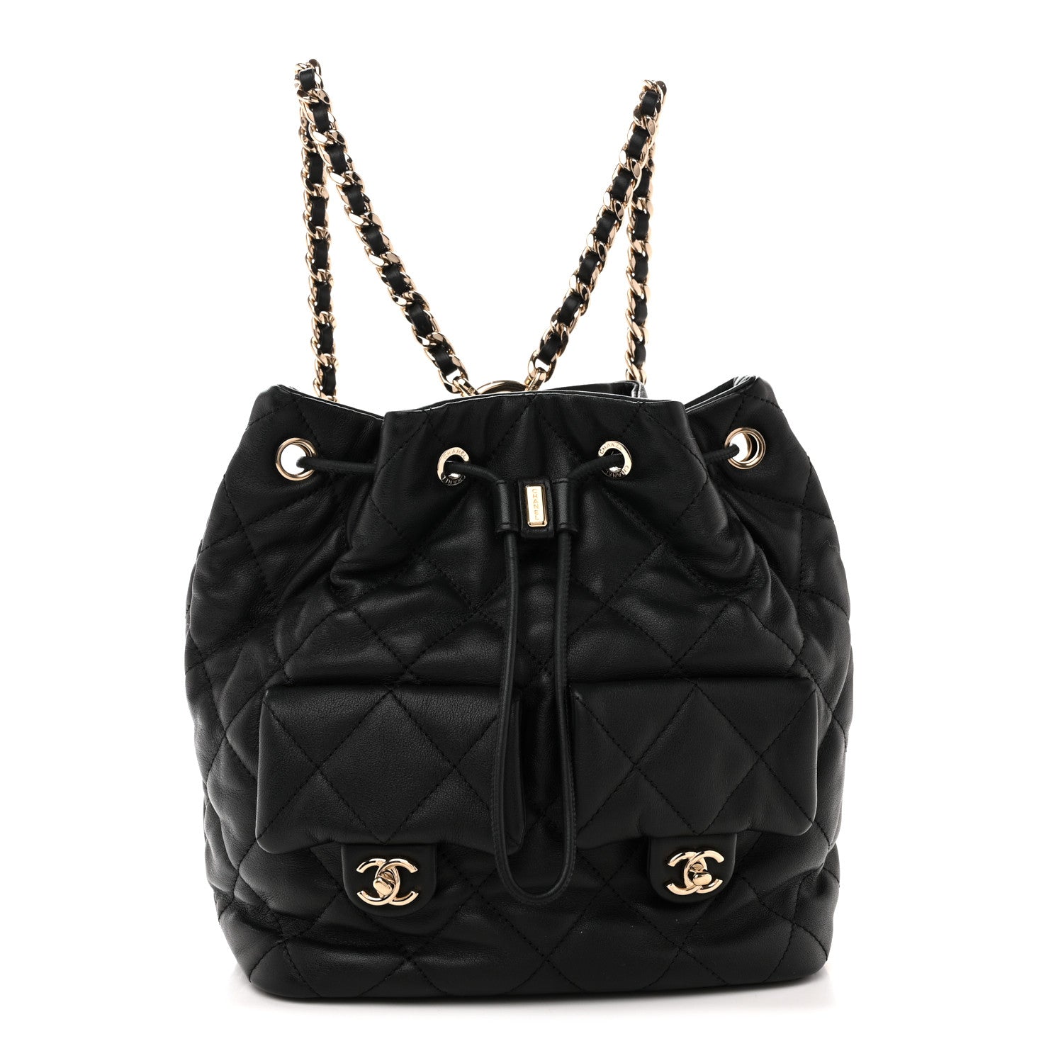 Chanel Lambskin Quilted Double Pocket Drawstring Backpack Black