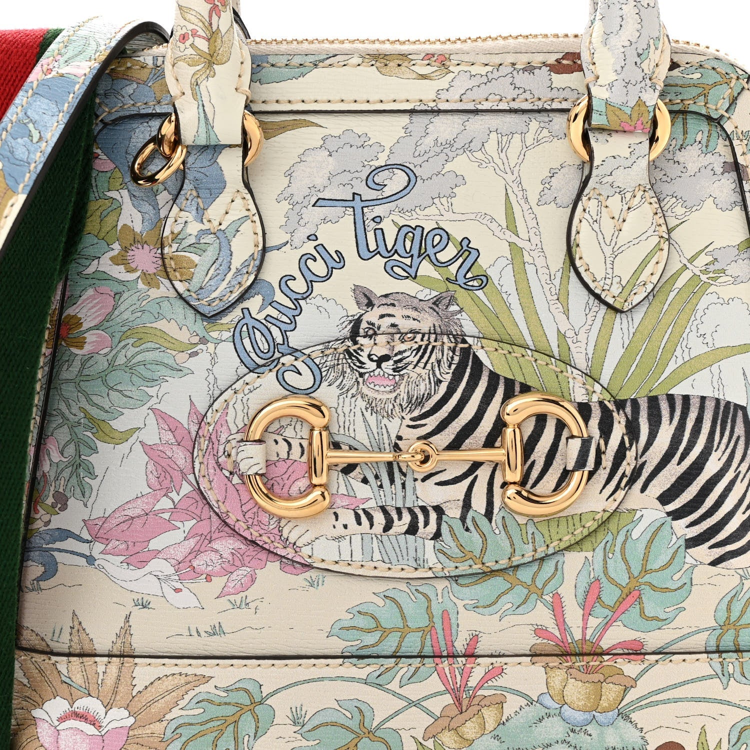 Gucci New Shangai Calfskin Tiger Savanah Web Mini Horsebit 1955 Top Handle Bag Chalky White Multicolor
