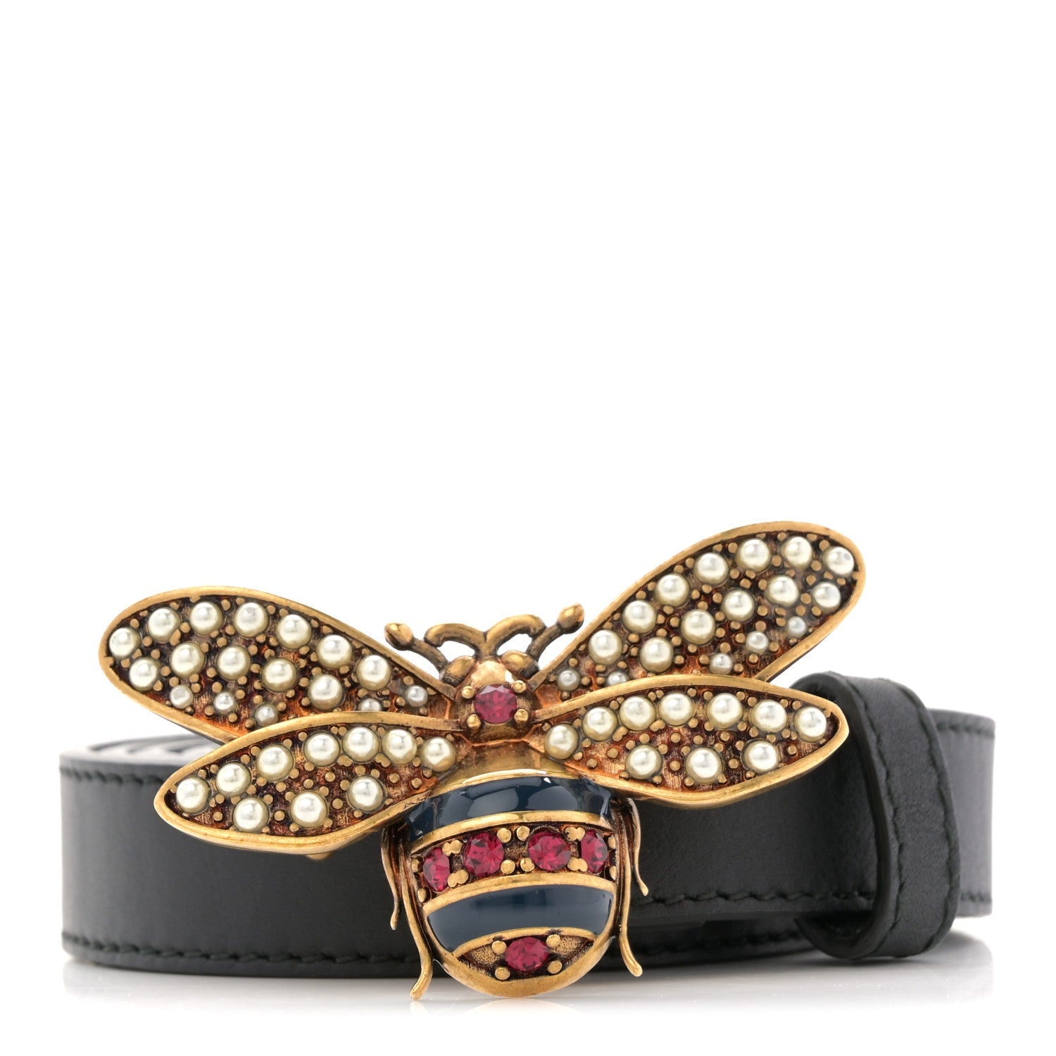 Gucci Calfskin Queen Margaret Bee Belt 80 32 Black